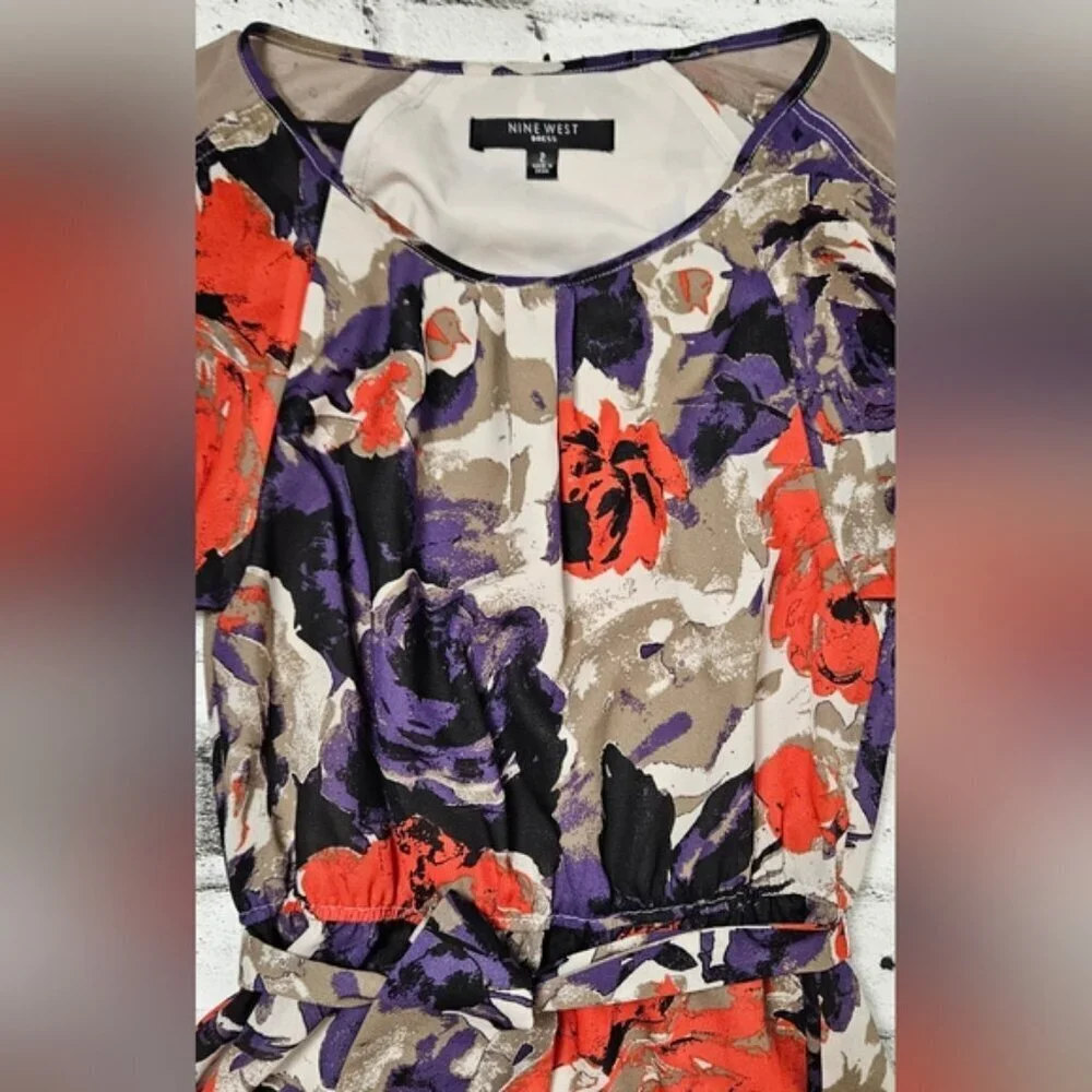 Nine West Floral Chiffon Dress – Size 2 Belted Sheer Sleeve Cocktail Dress